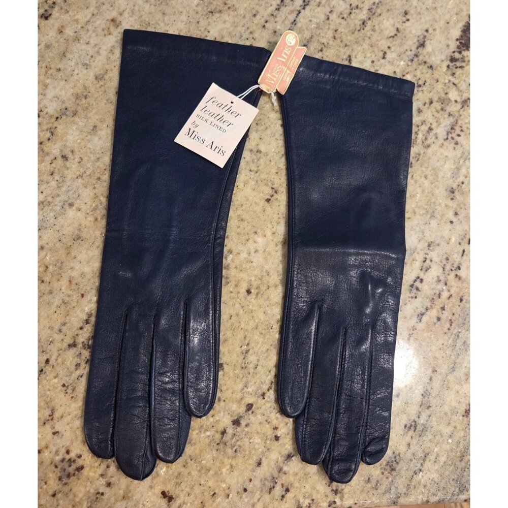 New! Vtg Women Sz XS 6.5 Blue Soft Leather Formal 10.5" Long Gloves Silk Lined